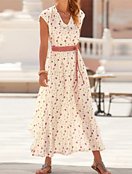 cheap -Women&#039;s A Line Dress Maxi long Dress Beige Short Sleeve Floral Lace up Print Spring Summer V Neck Casual Vacation 2022 S M L XL XXL