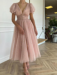 cheap -A-Line Glittering Fairy Party Wear Engagement Dress V Neck Short Sleeve Ankle Length Tulle with Buttons Pleats Sequin 2022
