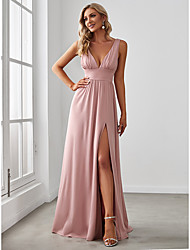 cheap -A-Line High Split Wedding Guest Formal Evening Dress V Neck V Back Sleeveless Floor Length Chiffon with Slit Pure Color 2022