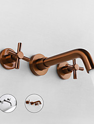 cheap -Brass Bathroom Sink Faucet，Wall Mount Widespread Rotatable Rose Gold Two Handles Three HolesBath Taps With Hot and Cold Water