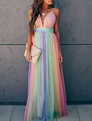 cheap -A-Line Ombre Wedding Guest Prom Dress V Neck Backless Sleeveless Floor Length Tulle with Sash / Ribbon Splicing 2022