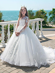 cheap -Princess Court Train Flower Girl Dresses Party Lace Long Sleeve Jewel Neck with Lace 2022