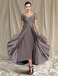 cheap -A-Line Mother of the Bride Dress Plus Size Elegant V Neck Tea Length Chiffon Lace Short Sleeve with Pleats Appliques 2022