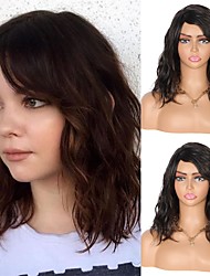 cheap -12 Black with Brown Highlight Wigs for Black Women Short Curly Wavy Synthetic Wigs with Bangs Side Parting Heat Resistant Premium Yaki Synthetic Hair Wigs