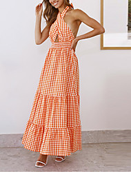 cheap -Women&#039;s A Line Dress Maxi long Dress Orange Sleeveless Plaid Backless Cold Shoulder Print Summer Strapless Cold Shoulder Vacation Sexy 2022 S M L XL
