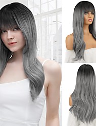 cheap -Ombre Gray Wig with Bangs Long Ombre Gray Wig with Black Root 24 Inch Grey Wigs for Women Synthetic Long Wavy Women&#039;s Wigs for Daily Party