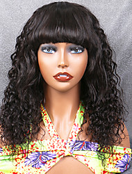 cheap -Human Hair Wig with Neat Bang Water Wave Full Machine Made Human Hair Capless Wig None Lace Wig 180% Density Brazilian Hair Natural Black #1B 10-32 inch