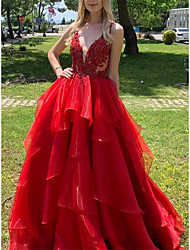 cheap -Ball Gown Luxurious Sexy Engagement Prom Dress V Neck Backless Sleeveless Court Train Organza with Tier Lace Insert 2022