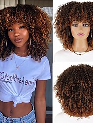 cheap -Short Curly Afro Wigs with Bangs for Black Women Brown Afro Kinky Curly Wigs Synthetic Heat Resistant Fluffy Brown Wigs