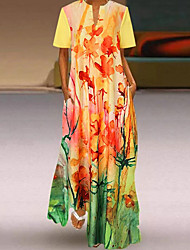 cheap -Women&#039;s Shift Dress Maxi long Dress Green Yellow Rainbow Short Sleeve Floral Pocket Print Spring Summer V Neck Casual 2022 S M L XL XXL 3XL