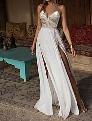 cheap -A-Line Wedding Dresses V Neck Floor Length Chiffon Spaghetti Strap Illusion Detail Backless with Appliques Split Front 2022