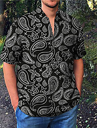 cheap -Men&#039;s Shirt Print Cashew nuts V Neck Street Casual Print Short Sleeve Tops Casual Fashion Designer Breathable Black