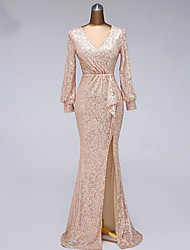 cheap -Mermaid / Trumpet Elegant Wedding Guest Formal Evening Dress V Neck Long Sleeve Floor Length Tulle with Sequin Slit 2022