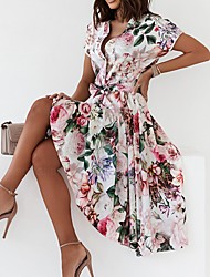 cheap -Women&#039;s A Line Dress Knee Length Dress Black Pink Short Sleeve Floral Lace up Button Print Spring Summer V Neck Stylish Elegant Modern 2022 S M L XL XXL