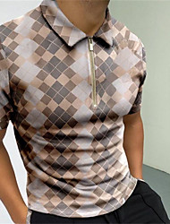 cheap -Men&#039;s Golf Shirt Argyle Turndown Street Casual Zipper Short Sleeve Tops Casual Fashion Comfortable Brown