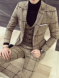cheap -Khaki Dark Gray Navy Blue Men&#039;s Business / Ceremony / Wedding Suits 3 pcs Checkered Slim Fit Single Breasted One-button 2022