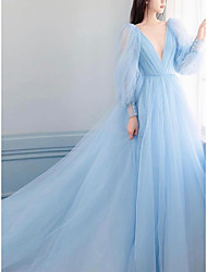 cheap -A-Line Luxurious Elegant Engagement Prom Dress V Neck V Back Long Sleeve Watteau Train Tulle with Sleek Pure Color 2022