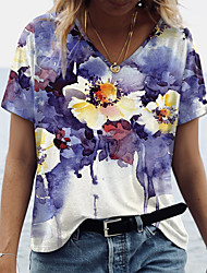 cheap -Women&#039;s Floral Abstract Painting T shirt Floral Print V Neck Basic Tops Green Blue Purple / 3D Print