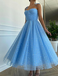 cheap -A-Line Glittering Cute Engagement Prom Dress Spaghetti Strap Sleeveless Ankle Length Tulle with Pleats Sequin 2022