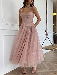 cheap -A-Line Glittering Fairy Engagement Prom Dress Spaghetti Strap Sleeveless Ankle Length Tulle with Pleats Sequin 2022
