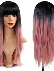 cheap -Pink Wigs With Bangs for Women Synthetic Wigs Long Straight Ombre Black Pink Natural Looking Heat Resistant Fiber Daily Cosplay Party 26Inch (Pink 26inch)