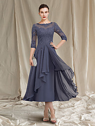 cheap -A-Line Mother of the Bride Dress Elegant Jewel Neck Tea Length Chiffon Lace 3/4 Length Sleeve with Pleats Appliques 2022