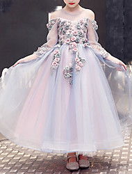 cheap -Princess Ankle Length Flower Girl Dresses Party Tulle 3/4 Length Sleeve Jewel Neck with Appliques 2022