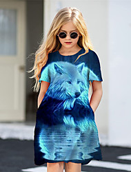 cheap -Kids Little Girls&#039; Dress Wolf Animal A Line Dress Daily Holiday Vacation Print Blue Above Knee Short Sleeve Casual Cute Sweet Dresses Spring Summer Regular Fit 3-12 Years