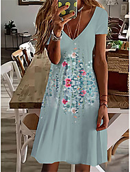 cheap -Women&#039;s Shift Dress Knee Length Dress Green Blue Gray Navy Blue Short Sleeve Floral Striped Print Spring Summer V Neck Elegant Casual Vacation 2022 S M L XL XXL 3XL
