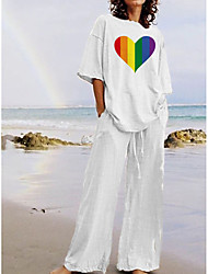cheap -Women&#039;s Loungewear Sets Rainbow Heart Comfort Sweet Home Daily Polyester Crew Neck Spring Summer White Blue