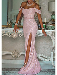 cheap -Sheath / Column Glittering Sexy Wedding Guest Prom Dress Off Shoulder Short Sleeve Court Train Sequined with Slit Pure Color 2022