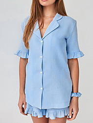 cheap -Women&#039;s Pajamas Sets Grid / Plaid Fashion Comfort Home Bed Cotton Lapel Short Sleeve Shirt Shorts Spring Summer Blue