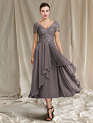 cheap -A-Line Mother of the Bride Dress Elegant V Neck Tea Length Chiffon Lace Short Sleeve with Pleats Appliques 2022