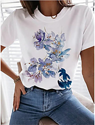 cheap -Women&#039;s T shirt Flower Patchwork Print Round Neck Basic Tops White / 3D Print