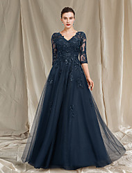 cheap -A-Line Mother of the Bride Dress Luxurious Elegant V Neck Floor Length Chiffon Lace Tulle Half Sleeve with Sequin Appliques 2022