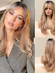 cheap -Ombre Blonde Wig with Bangs Long Curly Wig Water Wave Wig for Women Synthetic Heat Resistant Soft Natural Looking