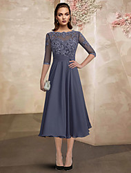 cheap -A-Line Mother of the Bride Dress Plus Size Elegant Jewel Neck Tea Length Chiffon Lace Half Sleeve with Ruched Beading Appliques 2022