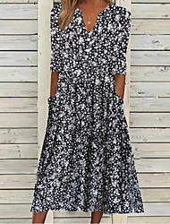 cheap -Women&#039;s A Line Dress Midi Dress Black Half Sleeve Floral Ruched Print Spring Summer V Neck Casual Sexy 2022 S M L XL XXL 3XL