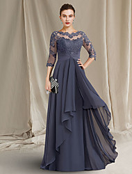cheap -A-Line Mother of the Bride Dress Plus Size Elegant Jewel Neck Floor Length Chiffon Lace 3/4 Length Sleeve with Pleats Ruched Appliques 2022