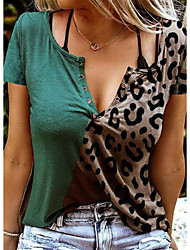 cheap -Women&#039;s Painting T shirt Tee Leopard Button Print V Neck Basic Tops Green