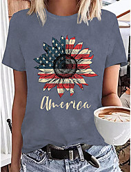 cheap -Women&#039;s Floral Painting T shirt Text Sunflower American Flag Print Round Neck Basic Tops Green Black Blue