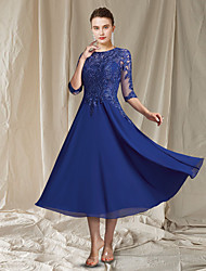 cheap -A-Line Mother of the Bride Dress Elegant Jewel Neck Tea Length Chiffon Lace Half Sleeve with Sequin Appliques 2022