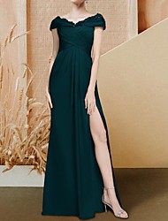 cheap -A-Line Mother of the Bride Dress Plus Size Elegant V Neck Floor Length Stretch Chiffon Short Sleeve with Pleats Appliques Split Front 2022