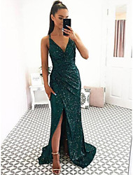 cheap -Mermaid / Trumpet Sheath / Column Prom Dresses Sexy Sparkle &amp; Shine Dress Party Wear Formal Evening Sweep / Brush Train V Neck Sleeveless Sequined Backless with Sequin Slit 2022