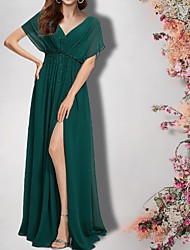 cheap -A-Line Mother of the Bride Dress Plus Size Elegant V Neck Floor Length Chiffon Short Sleeve with Pleats Beading Split Front 2022