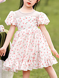 cheap -Kids Little Girls&#039; Dress Flower Chiffon Dress School Daily Beaded Puff Sleeve Green Pink Yellow Knee-length Short Sleeve Princess Sweet Dresses Summer Regular Fit 3-12 Years
