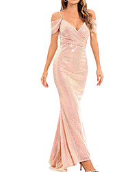 cheap -Women&#039;s Party Dress Maxi long Dress Light Pink Sleeveless Pure Color Sequins Cold Shoulder Spring Summer V Neck Party Elegant 2022 S M L XL