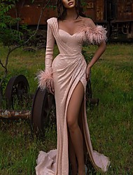 cheap -Mermaid / Trumpet Prom Dresses Maxi Sparkle &amp; Shine Dress Formal Evening Valentine&#039;s Day Sweep / Brush Train One Shoulder Long Sleeve Satin with Feather Crystals 2022