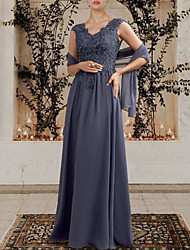 cheap -A-Line Mother of the Bride Dress Elegant Wrap Included V Neck Floor Length Chiffon Lace Sleeveless with Pleats Sequin Crystal Brooch 2022