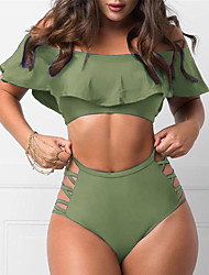 cheap -Women&#039;s Swimwear Bikini 2 Piece Normal Swimsuit Ruffle Open Back High Waisted Pure Color Green White Yellow Rosy Pink Crop Top Off Shoulder Bathing Suits New Vacation Fashion / Sexy / Modern